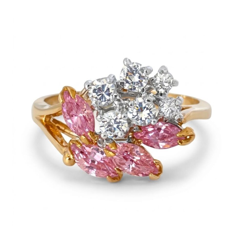 Vintage 1970s Ring Size 7 Pink CZ Marquise Cluster Spray Gold Plated - 14L